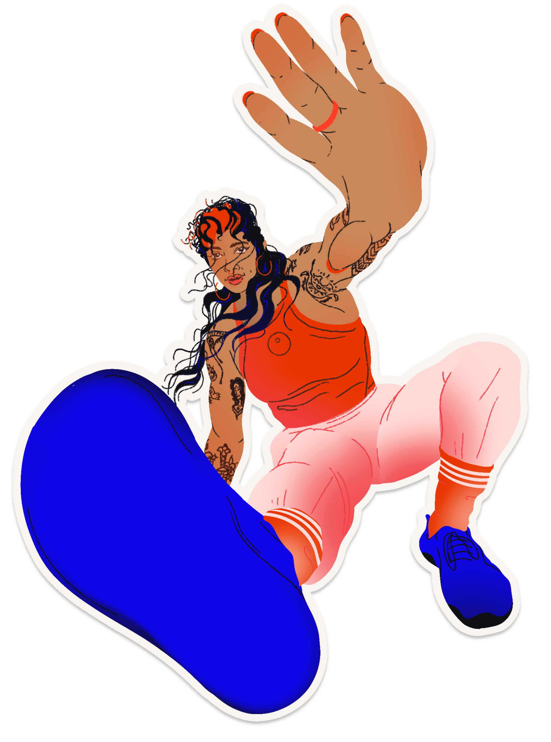 Sticker illustration of Olive in a crouched position with one hand and foot outstretched towards the viewer