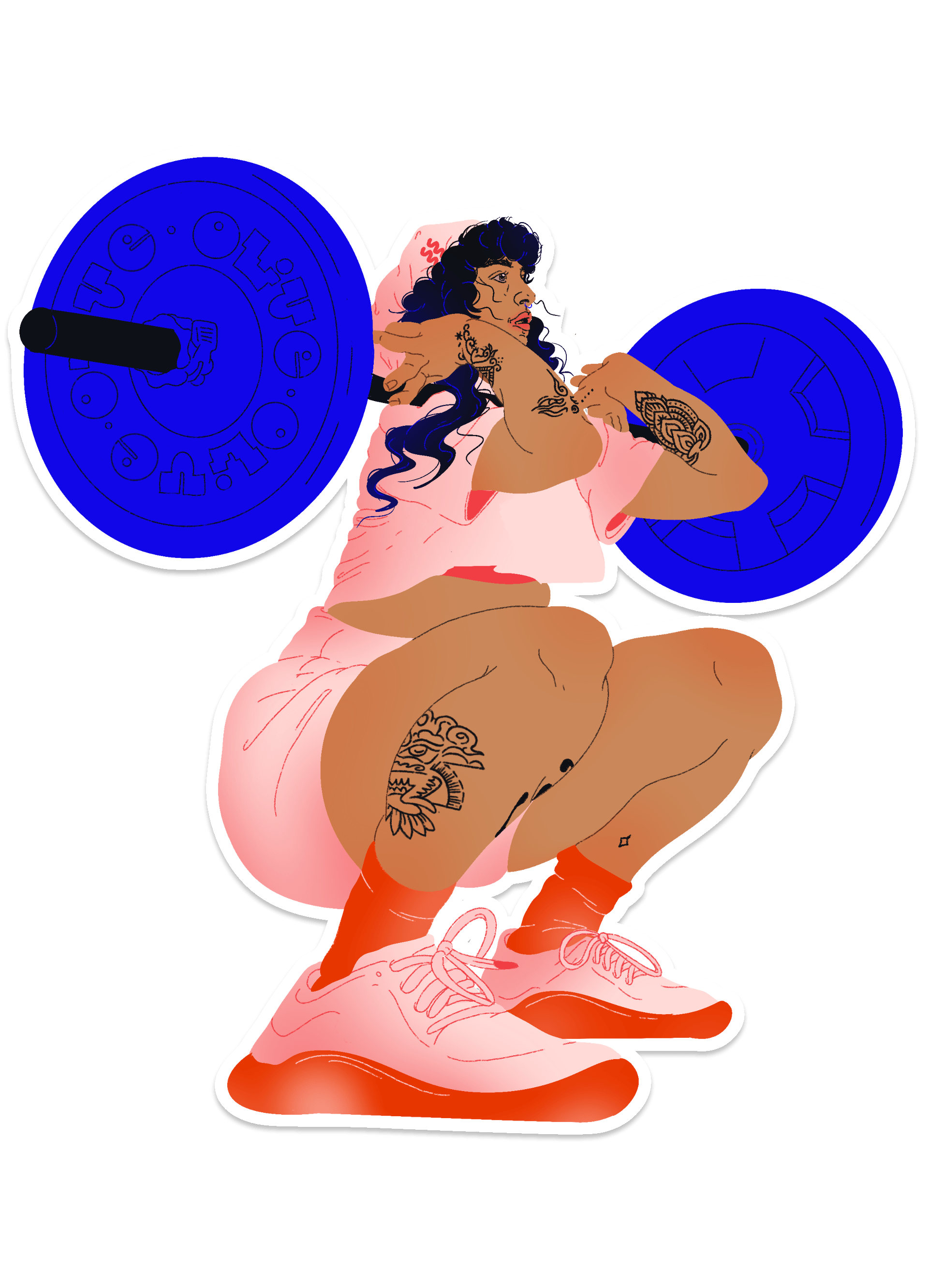Sticker illustration of Olive squatting with a barbell